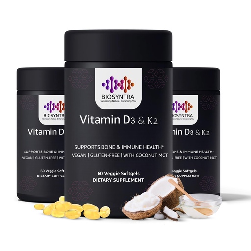 [BRSREYIPCF4AM33G] Vitamin D3+K2 with Coconut Oil - Vegan Vitamin D 5,000 IU & MK7 Vitamin K 110mcg for Bone, Heart & Immune Support, Non-GMO, Third Party Tested, Soy Free, High Absorption 60 Veggie Softgels