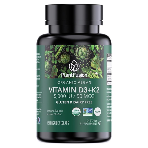 [BRSREFQKCEIRE3DL] PlantFusion Organic Vegan Vitamin D3 + K2 5,000 IU, 50MCG – Vitamin D Sourced from Plant Based Lichen and Vitamin K2, for Immune Support and Bone Health - 120 Capsules