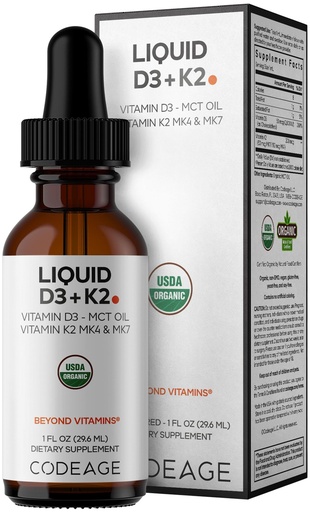 [BRSRGYIDPJYBGAY4] Codeage Liquid D3+K2 Vitamins USDA Organic - Vitamin D3 2000 IU, Vitamin K2 (MK4 & MK7) Liquid Drops - Immune Support - Unflavored - Organic MCT Oil - Non-GMO - 1 fl oz