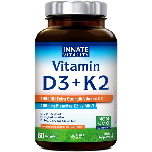 [BRSREGQCBMCGAYDG] Innate Vitality Vitamin D3 K2 Supplement, High Potency Vitamin D3 10000 IU & Vitamin K2 (MK-7) 200 mcg, Supports Bone, Teeth, Heart & Immune Health, Non-GMO, Gluten Free, 60 Softgels