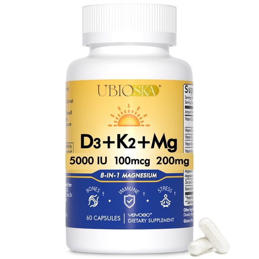 [BRSREBA5PN5RUFI3] UBIOSKA Vitamin D3 K2 Magnesium Supplement – 5000 IU D3 + MK-7 K2 with 8-Form Magnesium (Glycinate, Taurate, Malate) for Calm Sleep, Stress Relief, Mood Balance & Strong Bones – 60 Capsules