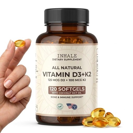 [BRSRECA6BNYGCHQ3] Inhale Vitamin D3 + K2 with Coconut Oil – 5000 IU D3 & 100 mcg MK7 K2 for Bone, Heart & Immune Support – Non-GMO · Soy Free · Gluten Free – 120 Softgels