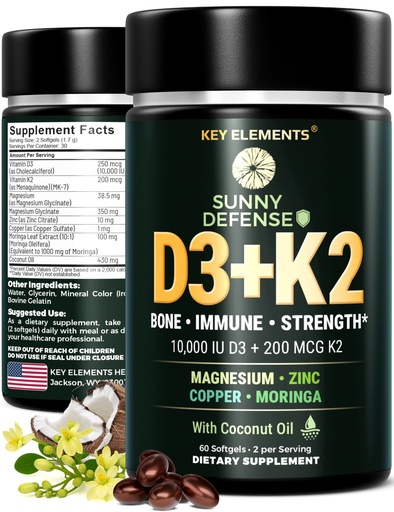 [BRSRGEIDDIGQ223U] KEY ELEMENTS D3 K2 Vitamin 10,000 IU with Magnesium Glycinate 350mg, Zinc and Moringa - Bone & Immune Support - Vitamin D with K2 MK-7 200mcg - Non-GMO, Gluten-Free Softgels