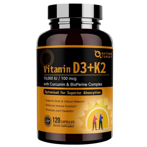 [BRSREZTRBN4AECY4] NATURE TARGET Vitamin D3 K2, High-Potency 10,000 IU D3, 100 mcg K2(MK-7) Supplement with MCT, Most Absorbable Synergy Formula, Supports Bone, Calcium & Immune Health, 120 Capsules