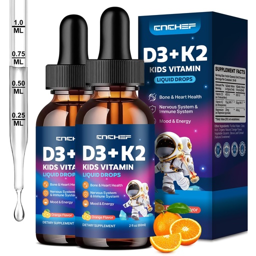 [BRSREBIBB4BWOD3K] 2PCS Vitamin D3 K2 Drops for Kids - Liquid Supplement with Magnesium for Calcium Absorption, Joint Health, Teeth & Heart - Non-GMO, Vegan, Orange, 4 Fl Oz - Kids Ages 4+