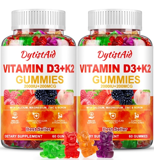 [BRSRGEIHA4CWEFLK] Vitamin D3 + K2 Gummies 2000 IU with Calcium + K2 (MK-7), Magnesium Citrate, Vitamin C, Zinc & Boron – Bone, Heart & Immune Support – Vegan, Non-GMO, Gelatin-Free, Sugar-Free Supplement, 120 Gummies