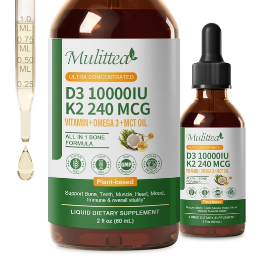 [BRSREFAOBF6AIYLV] 2 Pack Organic Vitamin D3 K2 Liquid 10000 IU w/ Vegan Omega-3 & Coconut MCT Oil - Maximum Strength Vitamin D Supplement, No Fillers, Non-GMO K2 as MK7 for Bones, Muscles & High Absorption-2 Fl Oz