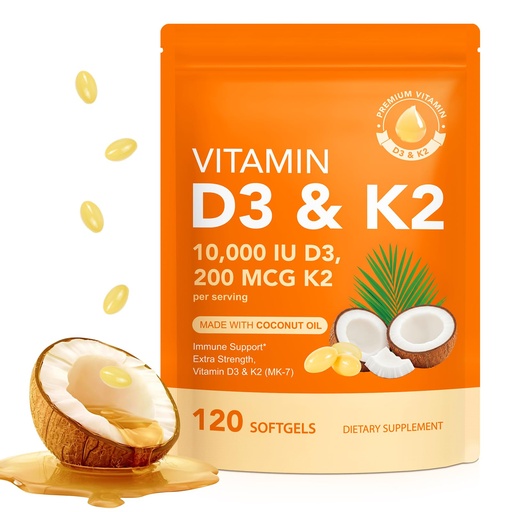 [BRSRGYYQOR6RGHL2] Vitamin D3 K2 10000 IU with 200mg, Vitamin D3 and K2 Capsules, 2 in 1 Vitamins D & K Complex with Virgin Coconut Oil, 120 Softgels, Easy to Swallow & Non-GMO