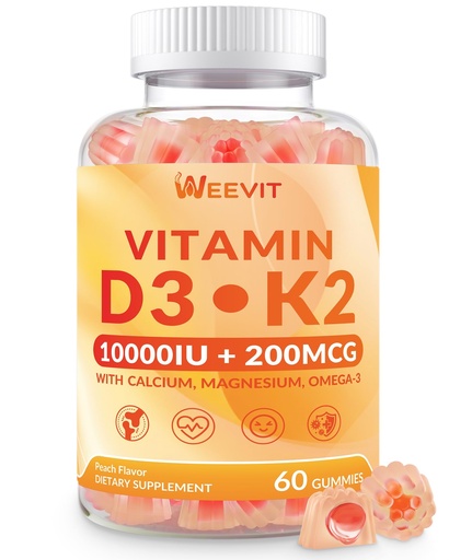 [BRSREGT5A4MGA3DX] WEEVIT Vitamin D3 K2 Gummies, Sugar Free Vitamin D3 K2 w/Calcium, Magnesium, Omega-3, Vitamin C,B12, K2 D3 Supplement