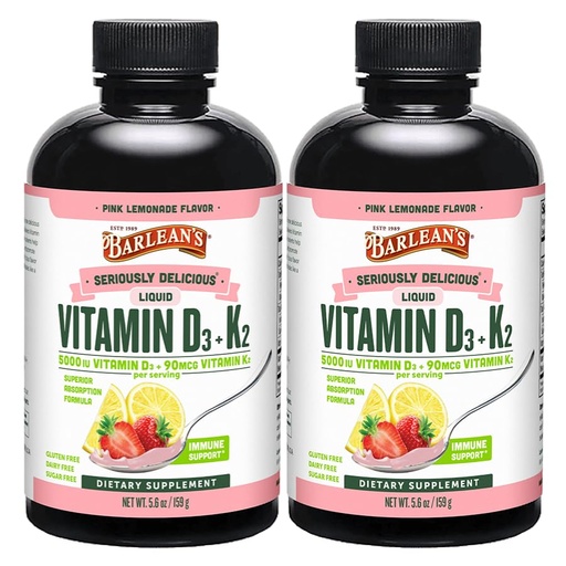 [BRSREAT2ABYGO234] Barlean's Pack of 2 Vitamin D3+K2 Liquid Supplement for Kids and Adults, 5000 IU Vitamin D, Pink Lemonade, Non-GMO, Gluten and Dairy Free, 5.6 oz Each