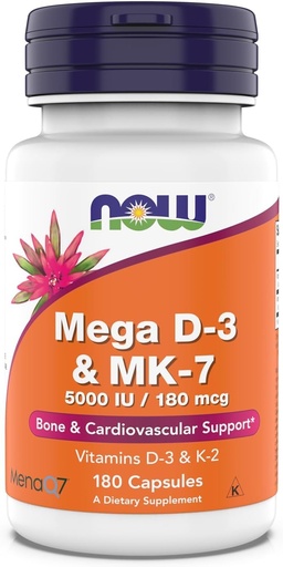 [BRSRA2TRBMOQAFDX] Now Supplements, Mega D-3 & MK-7, 5000 IU / 180 mcg, Bone & Cardiovascular Support*, Vitamins K-3 & K-2, 180 Capsules
