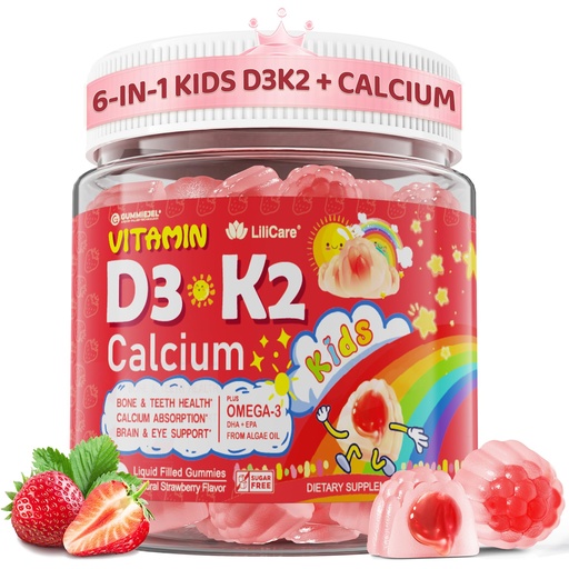 [BRSRACAKAQCGA3DU] Vitamin D3 K2 + Calcium Liquid-filled Gummies for Kids & Teens, 1000IU / 2000IU D3 with Magnesium, Algal Omega 3, Kids Vitamins for Bones & Teeth, Calcium Absorption, Brain, Immune, Sugar-Free, 60Cts