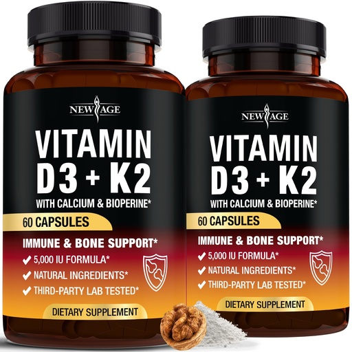 [BRSREHYTCICRGG3U] NEW AGE Vitamin D3 5,000 IU + K2 MK-7 100 mcg - 2-in-1 Bone, Immune & Heart Support, Easy to Swallow, Non-GMO - 120 Capsules