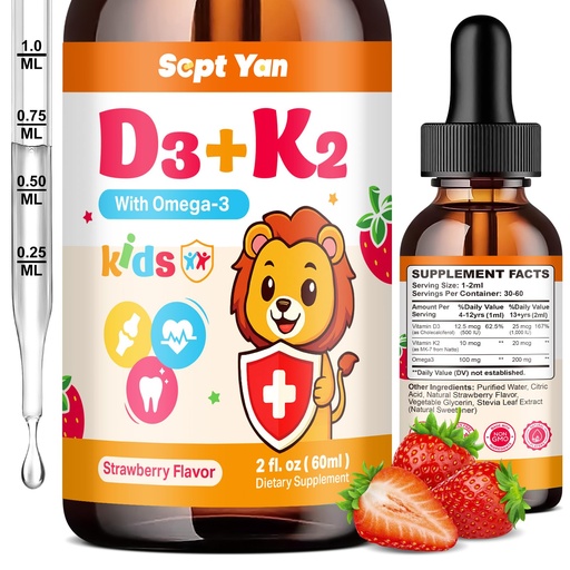 [BRSREZA5A4MB4GTD] Kids Vitamin D3 K2 Drops - K2 D3 Vitamin Supplement 1000 IU with Omega 3, Support Bone, Mood, Teeth & Immune - Vitamin D3 K2 (MK-7) Liquid Drops for Adults & Kids, Sugar Free Strawberry Flavor 2 FL OZ