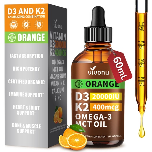 [BRSRGZIBDIPRGFL7] Vitamin D3 K2 Drops, D3 20000 IU & K2 as MK-7 400mcg with Magnesium, Calcium, Zinc & Omega 3 for Immune*, Mood*, Bone* Health, Orange Flavor Vitamin D Liquid Drops Supplement 1 Bottle/2 Ounces