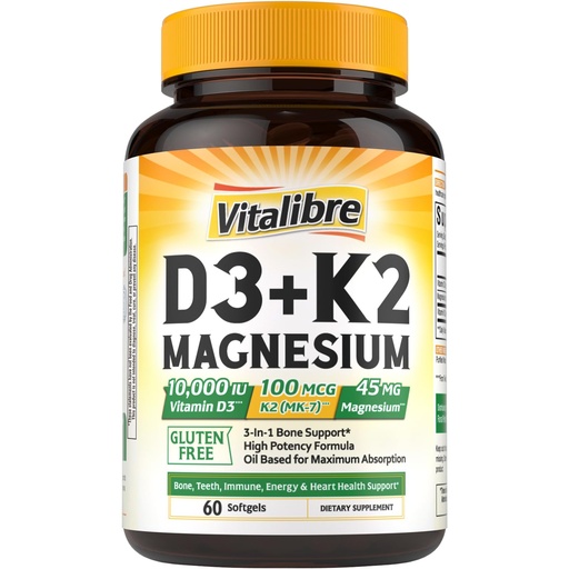 [BRSREADQPN7WAC33] Vitalibre Vitamin D3 K2 + Magnesium Supplement, 10000 IU Vitamin D3 & 100 mcg K2, with Magnesium Glycinate, Bone, Teeth, Immune & Energy Support, High Absorption, Non-GMO, Easy to Swallow, 60 Softgels