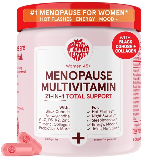 [BRSRABL3OACAKYA2] Peach Perfect Menopause Multivitamin | 21 Vitamins for Women 45+ | Black Cohosh, Ashwagandha, Vitamin D3+K2, Probiotics & Collagen | Support for Hot Flashes, Mood Swings, Joint & Skin Health | 30 SVG