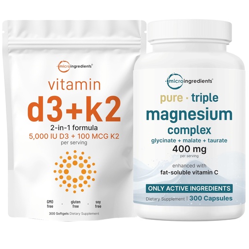 [BRSREZILCIIA4H3J] Micro Ingredients Vitamin D3 5,000iu + K2 100mcg Softgels & Pure Triple Magnesium Complex 400mg Capsules | 2 Pack Bundle | Essential D & K Sunshine Vitamins | Glycinate, Malate, & Taurate Forms