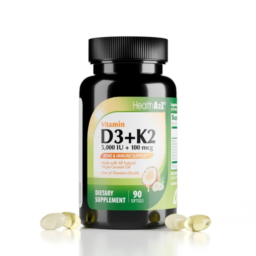 [BRSRGYYKCQARYH3G] HealthA2Z® Vitamin D3 (5,000 IU) + K2 (MK-7) Made with Virgin Coconut Oil (Natural MCTs) - 90 Softgels (Pack of 1) - Helps Calcium Absorption for Bones, Teeth, Mood & Immune Health