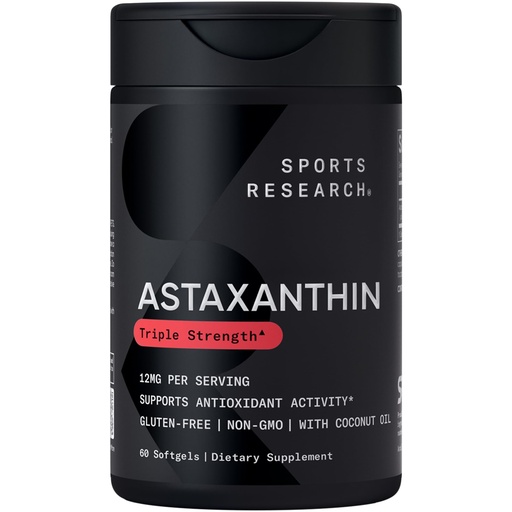 [BRSWGBD4OR6Q2ADU] Sports Research® Triple Strength Astaxanthin 12mg w/Organic Coconut Oil - Antioxidant Supplement for Skin & Eye Health Support* - Soy Free · Non-GMO · Gluten Free - 60 Softgels