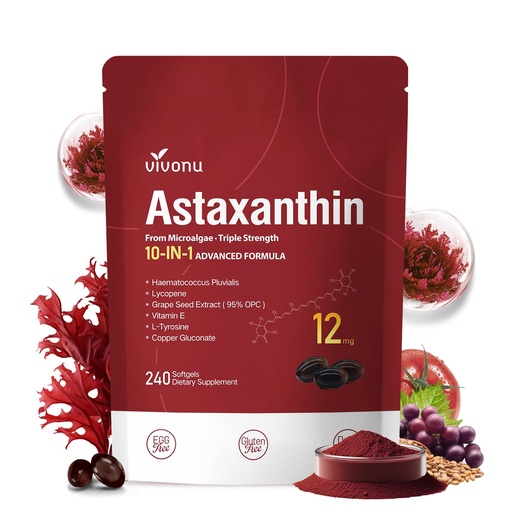 [BRSREGD3OBYGMD3P] 10 in 1 Astaxanthin 12mg Supplements, 4 Month Supply, Astaxantina Antioxidant from Fresh Haematococcus Pluvialis, Contains Lycopene, Grape Seed, Vitamin E, & More Supports Eye, Joints, Skin Health