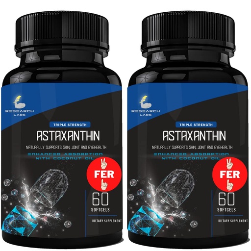 [BRSWYGINORYWM2T7] Research Labs Triple Strength Natural Astaxanthin 12mg Softgels + Extra Bottle Organic Coconut Oil for Enhanced Absorption Powerful Antioxidant Supports Eye Joint & Heart Health 120 Total Softgels