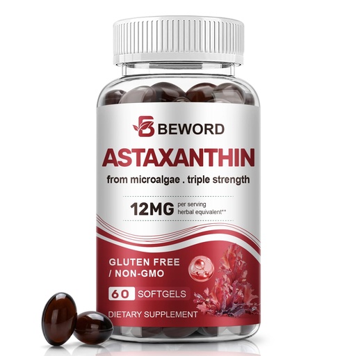 [BRSRGZ3RCADREG37] BEWORD Astaxanthin 12mg with MCT Oil, 60/120 Softgels 2-Month Supply | Premium Antioxidant Supplements | Natural Microalgae, Triple Strength | Supports Skin & Eye Health | Non-GMO, Gluten & Soy-Free