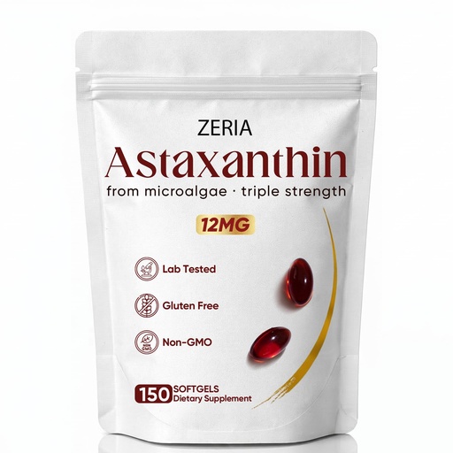 [BRSRGAIDBZ6QMG35] Zeria Astaxanthin 12mg, Natural Microalgae Antioxidant Supplements, Helps Protect Cells from Oxidative Stress, Skin Firmness & Elasticity, Promotes Healthy Skin and Eyes, 150 Softgels