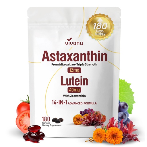 [BRSRGZD5OIBG2ETA] 14-in-1 Astaxanthin 12mg & Lutein 40mg with Zeaxanthin Supplements, 6 Month Supply, Fresh Microalgae Source, Supports Eye, Skin, Antioxidant, Joint, Circulatory Health Non-GMO Gluten Free 180 Softgels