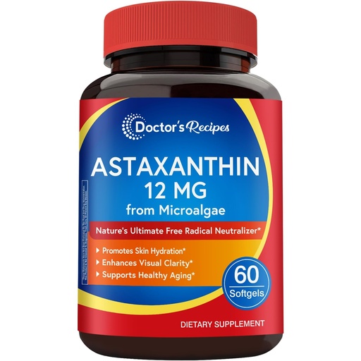 [BRSREAQYOV5AICDX] Doctor's Recipes Astaxanthin 12 mg, from Fresh Premium Microalgae, Max Strength, No Gluten, Non-GMO, Supports Skin, Eye, Bone & Immune System Health, 60 Softgels