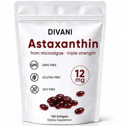[BRSRGAYOA4NA2FAV] DIVANI Astaxanthin 12mg, Antioxidant Supplement for Daily Wellness, Immune, Eye & Skin Support, Non-GMO, Gluten Free - 120 Softgels