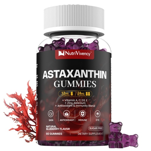 [BRSRGHQEBBYGCAI2] Astaxanthin Gummies, 12mg Per Gummy 24mg Max, Astaxanthin Supplements with Vitamin A/C/D/E, Resveratrol, 14-IN-1 Antioxidants Blend for Women Men, Skin, Eyes, Immune Support, Sugar Free, Vegan, 60 Ct
