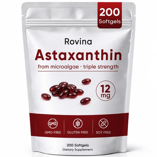 [BRSRGFA5BEFWC3L7] Rovina Astaxanthin 12mg Softgels, Antioxidant Supplement for Daily Wellness, Immune, Eye & Skin Support, Joint, Internal Circulation, Non-GMO, Gluten Free - 200 Softgels (1)