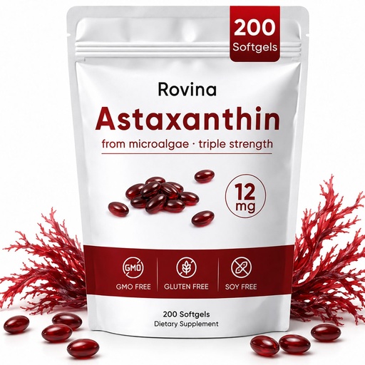 [BRSRGBTYOAAQ43YZ] ROVINA Astaxanthin 12mg Softgels, Antioxidant Supplement Supports Eye, Skin, Immune, Joint, Internal Circulation, Non-GMO & Gluten Free - 200 Softgels