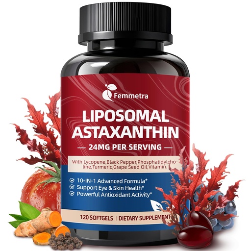 [BRSRGGAKBN5RUD33] Liposomal Astaxanthin Supplements 24mg with Lycopene for Eye, Skin & Immune Health, 10-in-1 Max Strength Astaxanthin Antioxidant Supplement, Fresh Microalgae Source, Non-GMO, 120 Softgels
