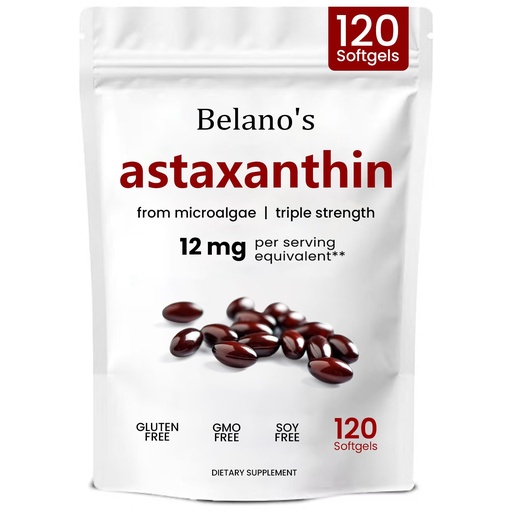 [BRSRGFABBMHRSAI3] Belano's Astaxanthin 12mg, Astaxanthin Softgels, Premium Astaxanthin Antioxidant Supplement | Health & Energy Support, Non-GMO, Vegan- Friendly & Gluten-Free - 120 Softgels (1 Bag)