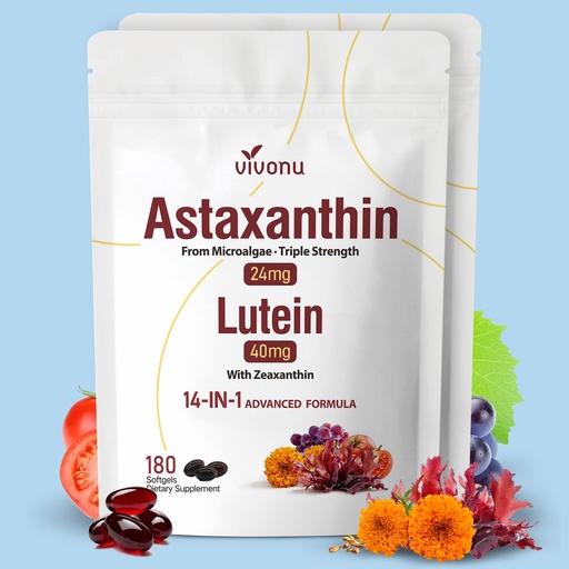 [BRSRGGANBUHBOE3Z] VivoNu 14-in-1 Astaxanthin 24mg & Lutein 40mg with Zeaxanthin Supplements, 12 Month Supply, 360 Softgels, 2 Bag