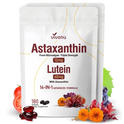 [BRSRGZD5AQMBQYD3] 14-in-1 Astaxanthin 12mg & Lutein 40mg with Zeaxanthin Supplements, 12 Month Supply, Fresh Microalgae Source, Supports Eye, Skin, Antioxidant, Joint, Circulatory Health, Non-GMO, Gluten Free, 2 Bag
