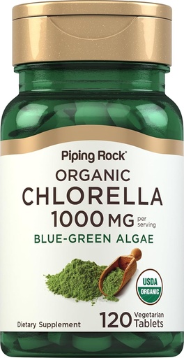 [BRSWIHAAOQAWIG3I] Piping Rock Chlorella de 1000mg de 120 comprimés d'algues bleues et vertes d'un mur de cellules cassé biologique d'un OGM, supplément sans gluten