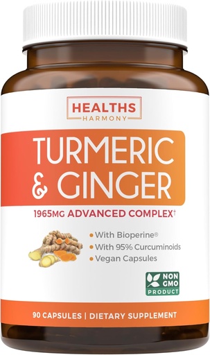 [BRSWKHQTPMNGI2LV] Turmeric eta Ginger Supplement (GMO ez) 1980mg zerbitzatu - Turmeric Curcumin piper beltz bioperine, Ginger Extract eta 95% Curcuminoids Powder - Tumeric Joint Support Supplement - 90 kapsulak