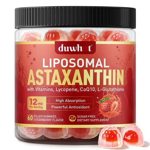 [BRSRGGLRDN7BUE3P] Liposomal Astaxanthin Gummies, Organic Astaxanthin 12mg Supplements with Lycopene, Glutathione for Powerful Antioxidant, Plus Vitamins & CoQ10 for Eye, Skin & Immune Health, Sugar Free, Vegan, 60