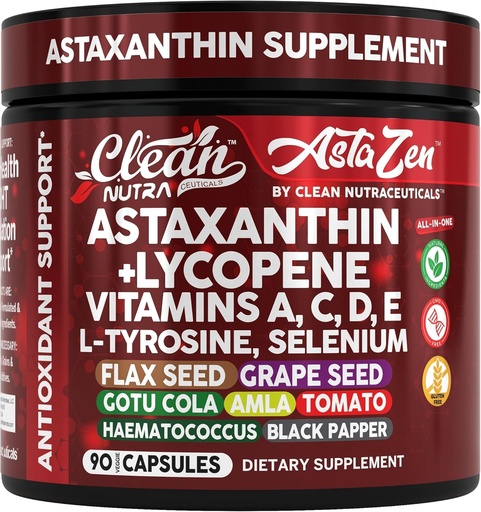 [BRSRGZQBO4GRQ33X] Clean Nutra Astaxanthin 12mg Lycopene Supplement with Vitamin A C D3 E, L-Tyrosine, Selenium, Flax, Grape Seed, Gotu Kola, Amla, Black Pepper, 90 Complex Veggie Capsules