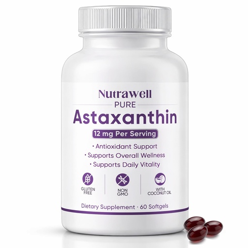 [BRSRGFL5DEAW2GY4] NutraWell Astaxanthin 12mg, with Coconut Oil, Antioxidant Support Supplement, Non-GMO, Gluten Free, 60 Softgels