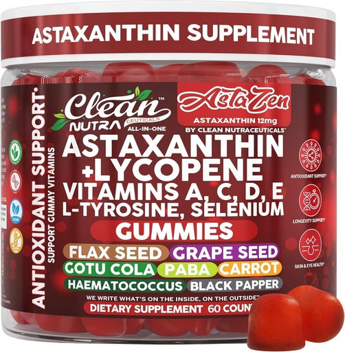 [BRSRGZQBPJYA4FAV] Clean Nutraceuticals AstaZen Astaxanthin Gummies 12mg - with Lycopene, Vitamins A C D E, L-Tyrosine & Selenium - Antioxidant Support Gummies - 60 Count