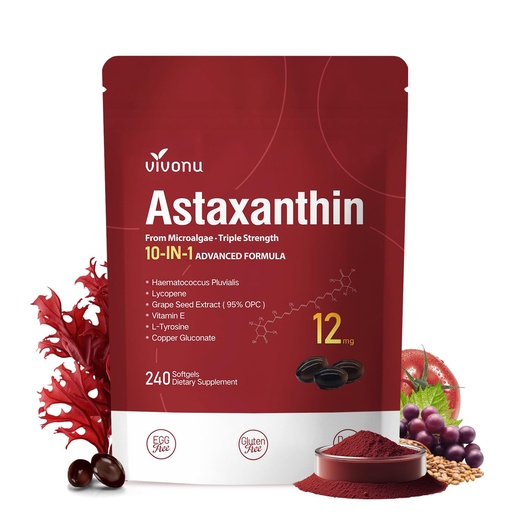 [BRSREAQFOAJR4E3H] VivoNu Astaxanthin 12mg Supplements, 240 Softgels, Fresh Haematococcus Pluvialis 10 in 1 Astaxanthin Antioxidant Supplements, Supports Eye, Skin, Joint, Brain, Heart & Immune System Health