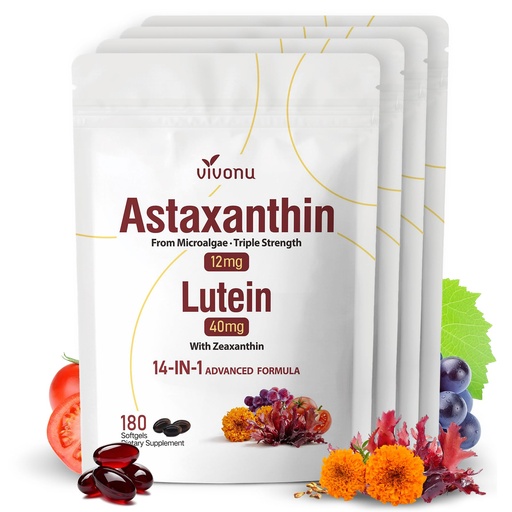 [BRSRGZD5BBYGY2T6] 14-in-1 Astaxanthin 12mg & Lutein 40mg with Zeaxanthin Supplements, 24 Month Supply, Fresh Microalgae Source, Supports Eye, Skin, Antioxidant, Joint, Circulatory Health, Non-GMO, Gluten Free, 4 Bag