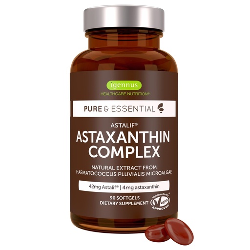 [BRSW2AYKDMARGELA] Igennus Vegan Astaxanthin 4mg Complex with Lutein and Zeaxanthin, 90 Small Softgels, from 42 mg Astapure, Natural Algae Antioxidant for Eyes, Skin & Joints, Non-GMO, H. Pluvialis