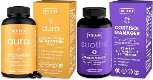 [BRSRGHYCCEGRGYIZ] WellPath Astaxanthin 12mg – Natural Astaxanthin Supplements from Microalgae – Antioxidants with Micro Ingredients and Soothe Cortisol Manager - Cortisol Supplements for Women with KSM-66® Ashwagandha