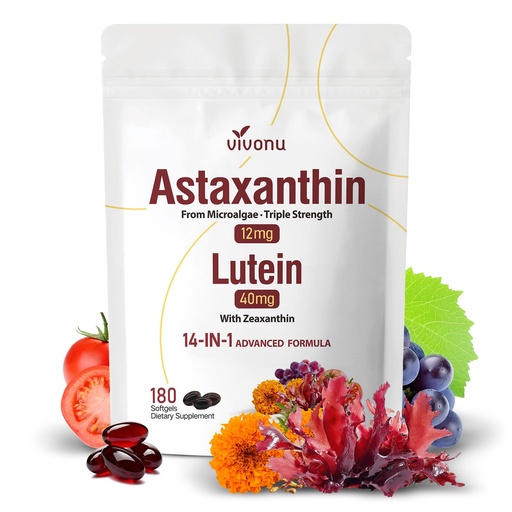 [BRSRGZACCV7WMCYU] VivoNu Astaxanthin 12mg & Lutein 40mg Combo – Advanced Vision & Antioxidant Support with Zeaxanthin, Lycopene & Grape Seed – 180 Softgels, One Per Day