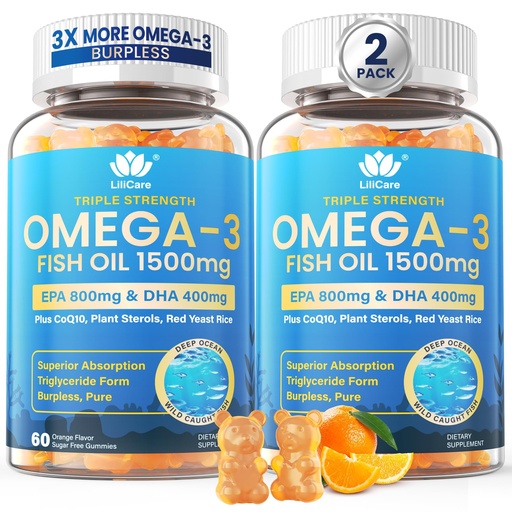 [BRSREBAEPMJWOFDF] Fish Oil Omega 3 Gummies 1500mg for Adults - Triple Strength with EPA & DHA, COQ10, Red Yeast Rice - Wild Caught Omega 3 Fatty Acids Supplements for Hḙar-t & Brain - Sugar Free, Burpless, 120 Count